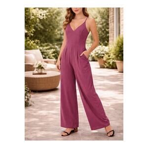 Halara Jumpsuit Womens Size Large Red Wide Leg Casual Flowy Minimalist V Neck